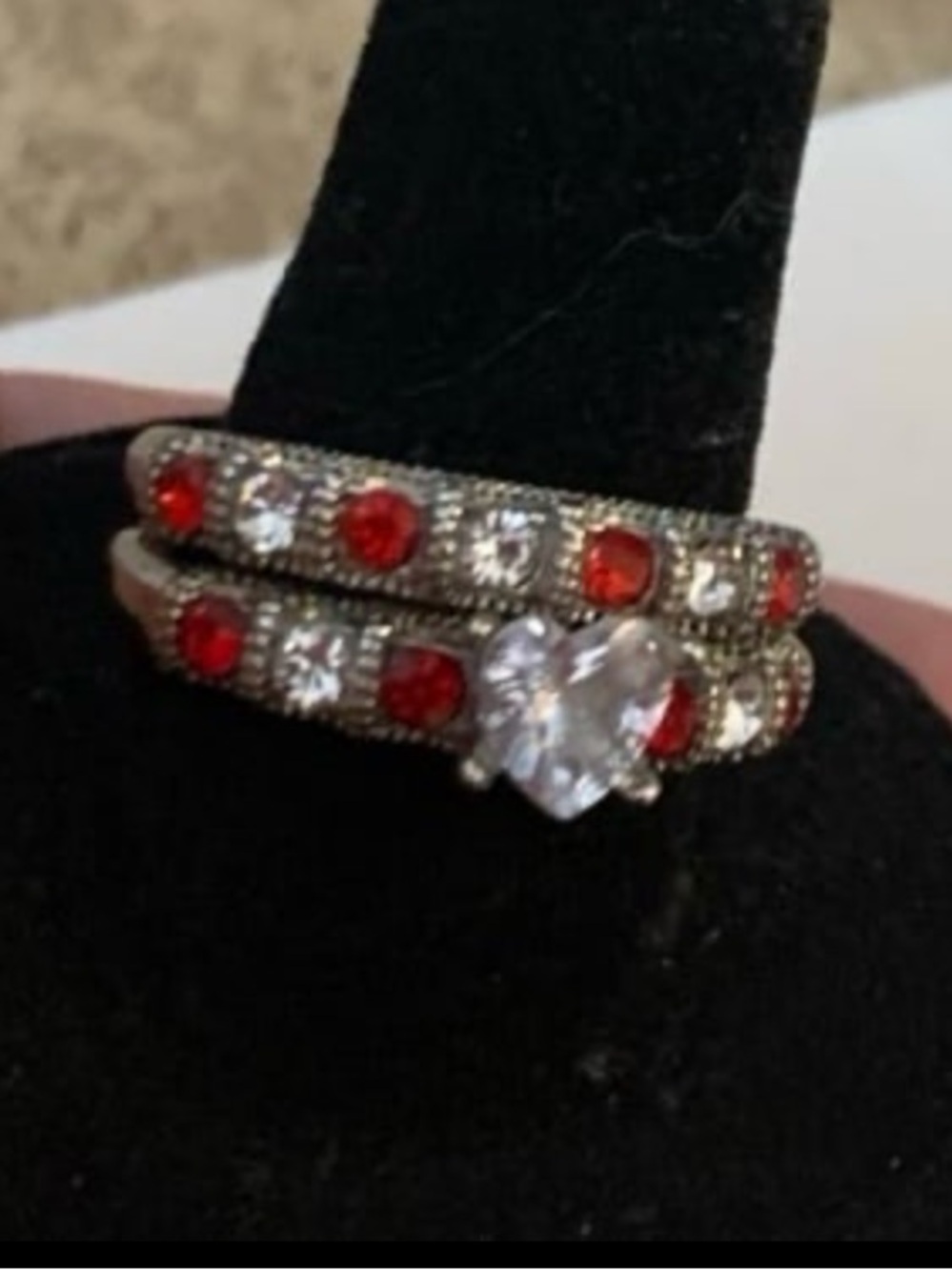 New! Silver-Plated 2-in-1 Bridal Set w/ Red Cubic Zirconia & Clear Crystal Stone